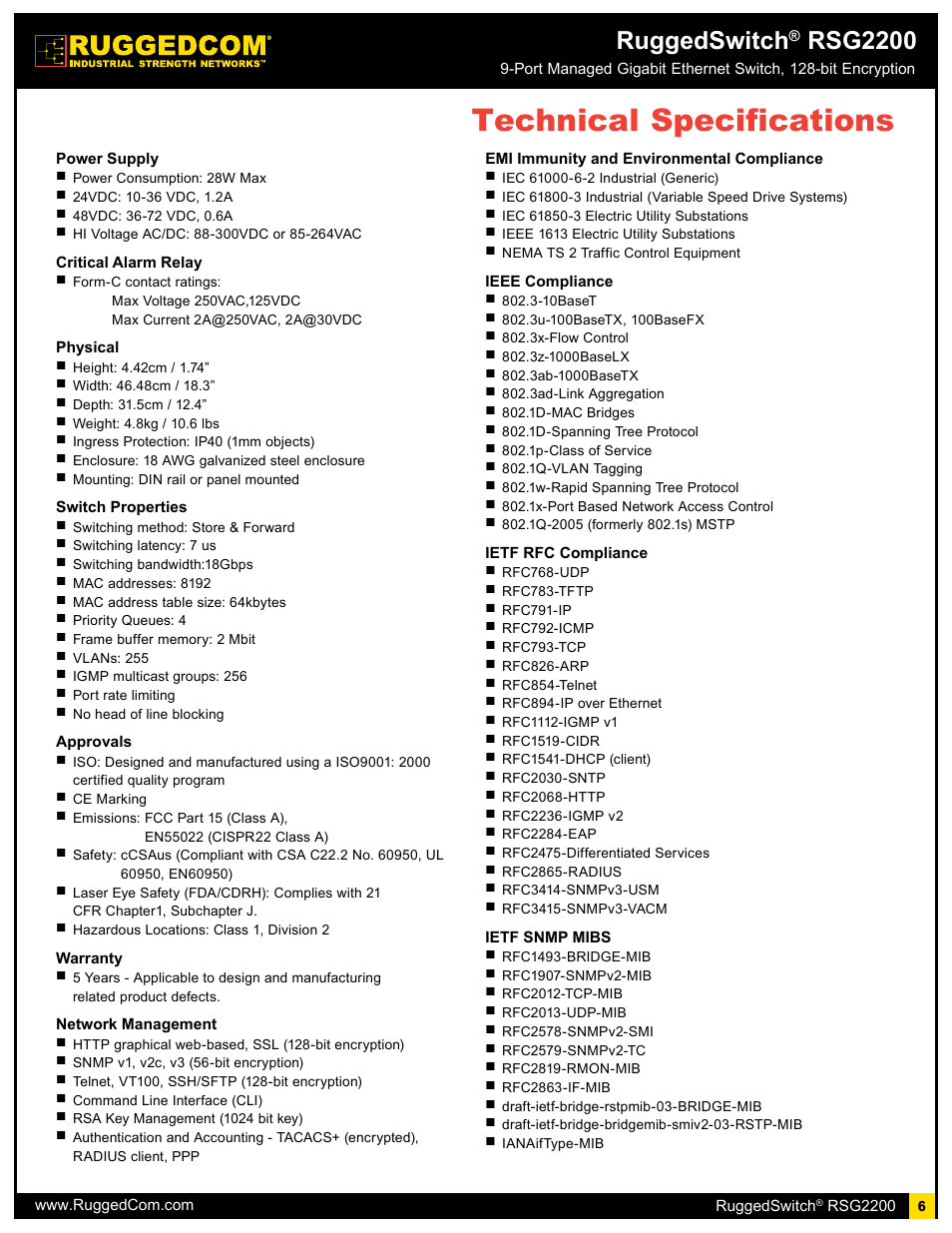 Technical specifications, Ruggedswitch, Rsg2200 | RuggedCom RSG2200 User Manual | Page 6 / 11