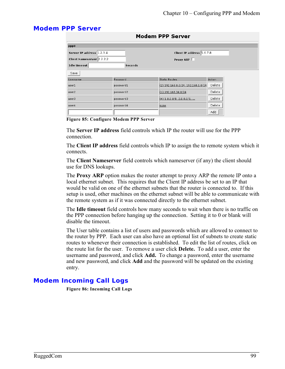 Modem ppp server, Modem incoming call logs | RuggedCom RuggedRouter RX1000 User Manual | Page 101 / 284