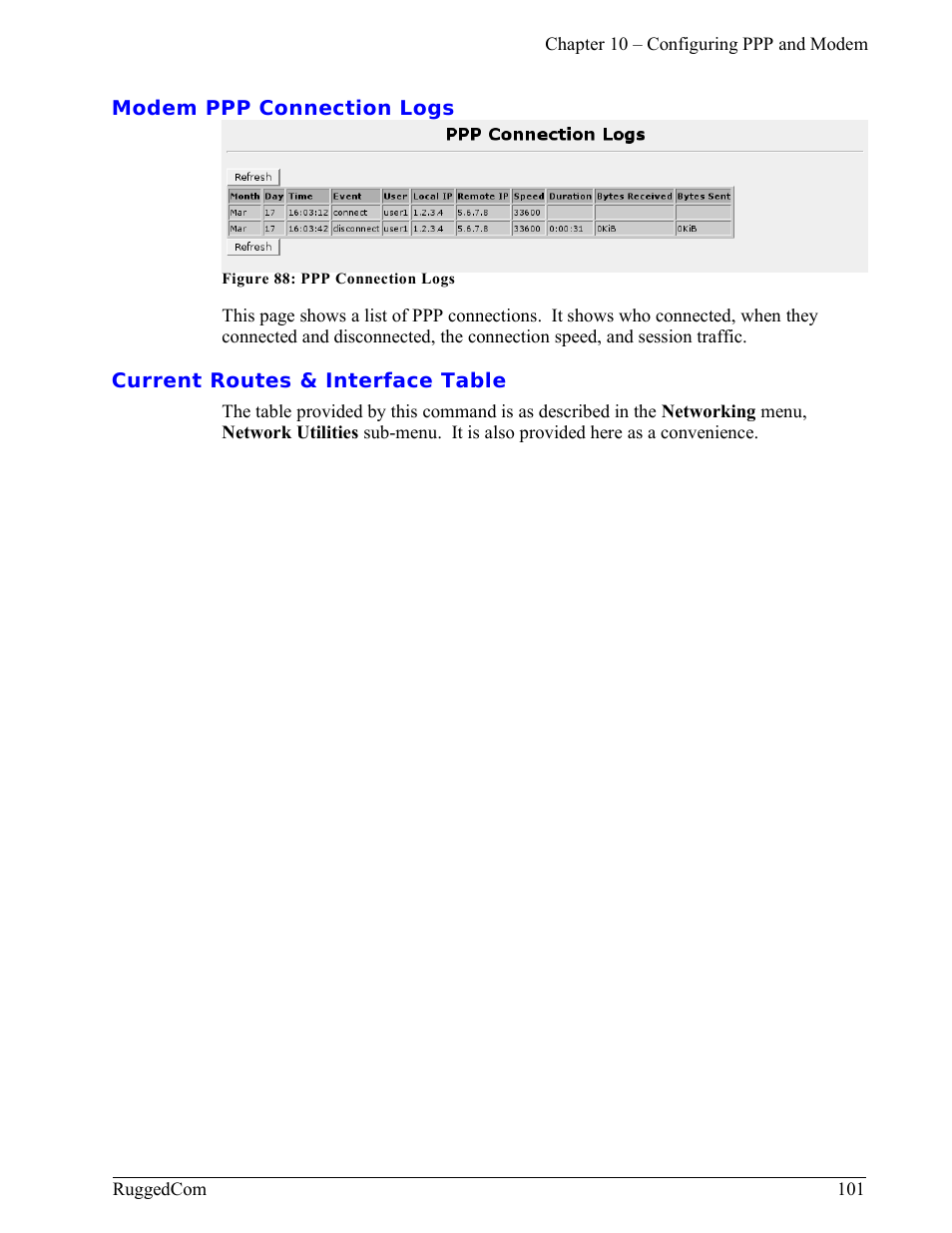Modem ppp connection logs, Current routes & interface table | RuggedCom RuggedRouter RX1000 User Manual | Page 103 / 284