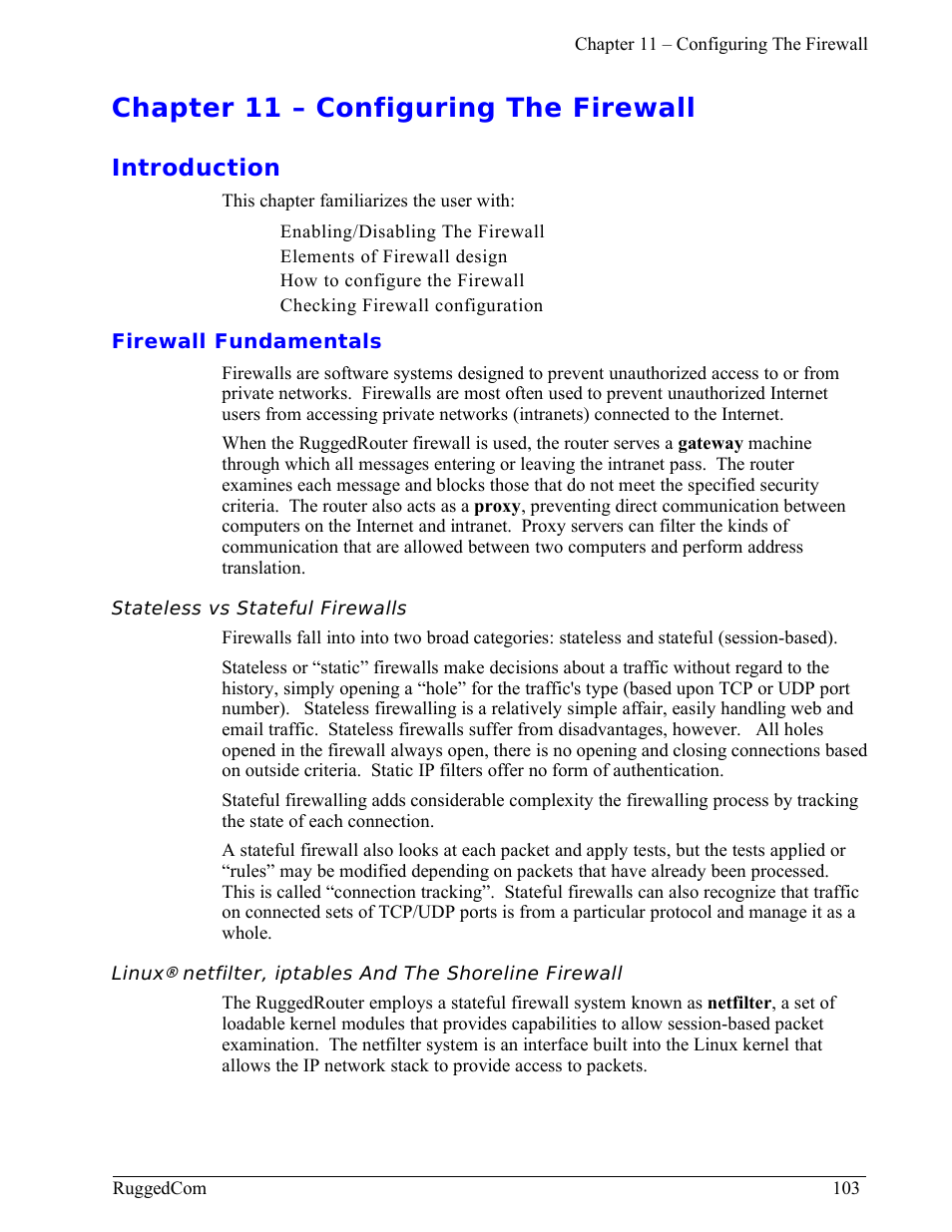 Chapter 11 – configuring the firewall, Introduction, Firewall fundamentals | Stateless vs stateful firewalls | RuggedCom RuggedRouter RX1000 User Manual | Page 105 / 284