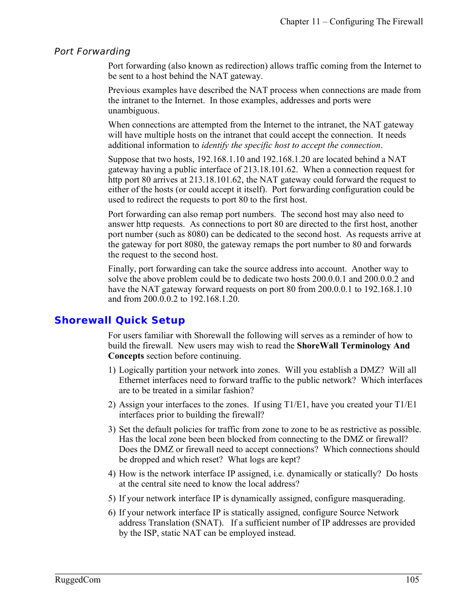 Port forwarding, Shorewall quick setup | RuggedCom RuggedRouter RX1000 User Manual | Page 107 / 284