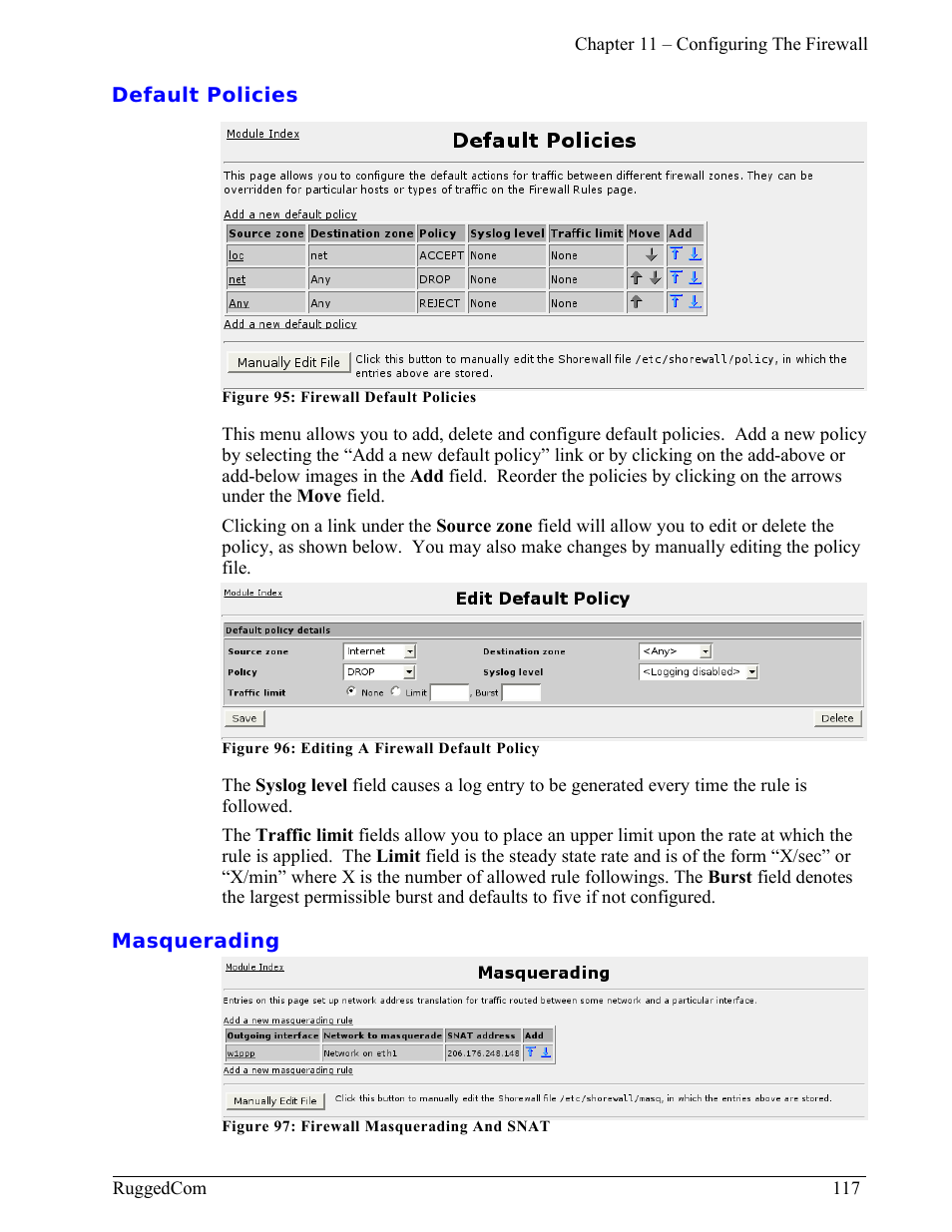 Default policies, Masquerading | RuggedCom RuggedRouter RX1000 User Manual | Page 119 / 284
