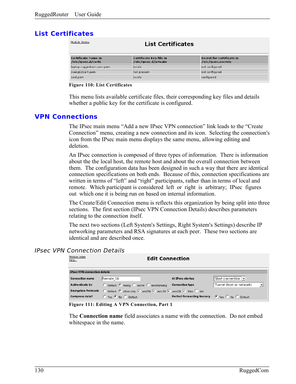 List certificates, Vpn connections, Ipsec vpn connection details | RuggedCom RuggedRouter RX1000 User Manual | Page 132 / 284