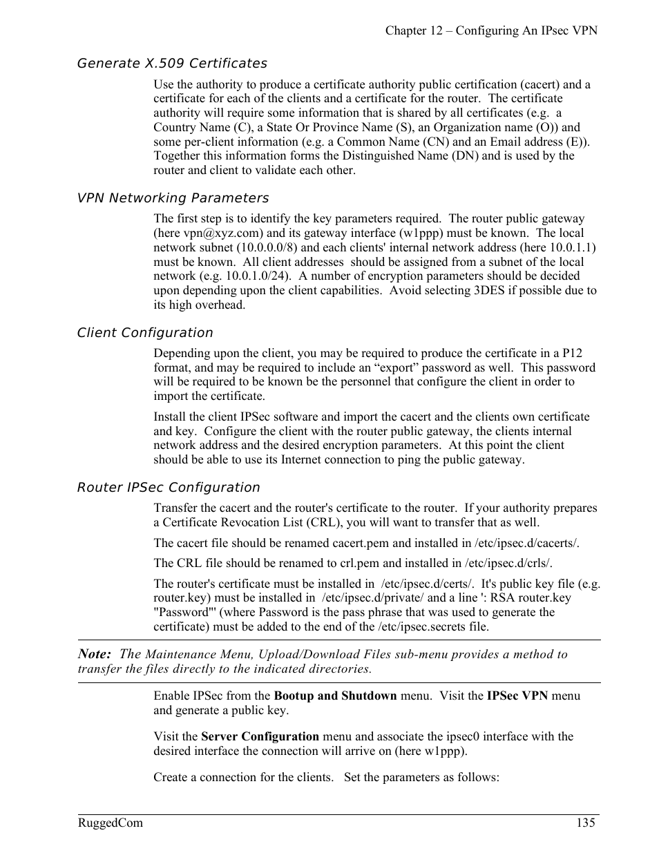 Generate x.509 certificates, Vpn networking parameters, Client configuration | Router ipsec configuration | RuggedCom RuggedRouter RX1000 User Manual | Page 137 / 284