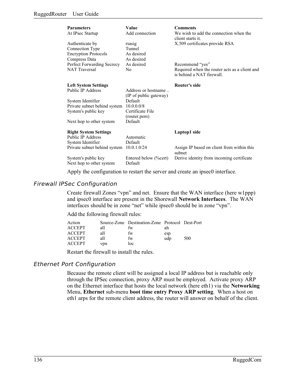 Firewall ipsec configuration, Ethernet port configuration | RuggedCom RuggedRouter RX1000 User Manual | Page 138 / 284