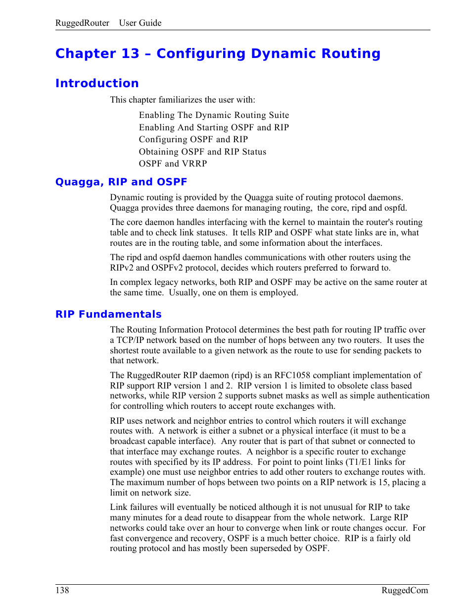 Chapter 13 – configuring dynamic routing, Introduction, Quagga, rip and ospf | Rip fundamentals | RuggedCom RuggedRouter RX1000 User Manual | Page 140 / 284