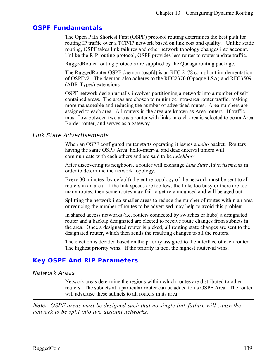Ospf fundamentals, Link state advertisements, Key ospf and rip parameters | Network areas | RuggedCom RuggedRouter RX1000 User Manual | Page 141 / 284