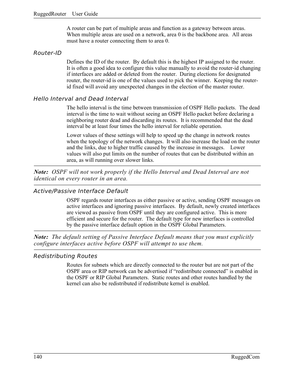 Router-id, Hello interval and dead interval, Active/passive interface default | Redistributing routes | RuggedCom RuggedRouter RX1000 User Manual | Page 142 / 284