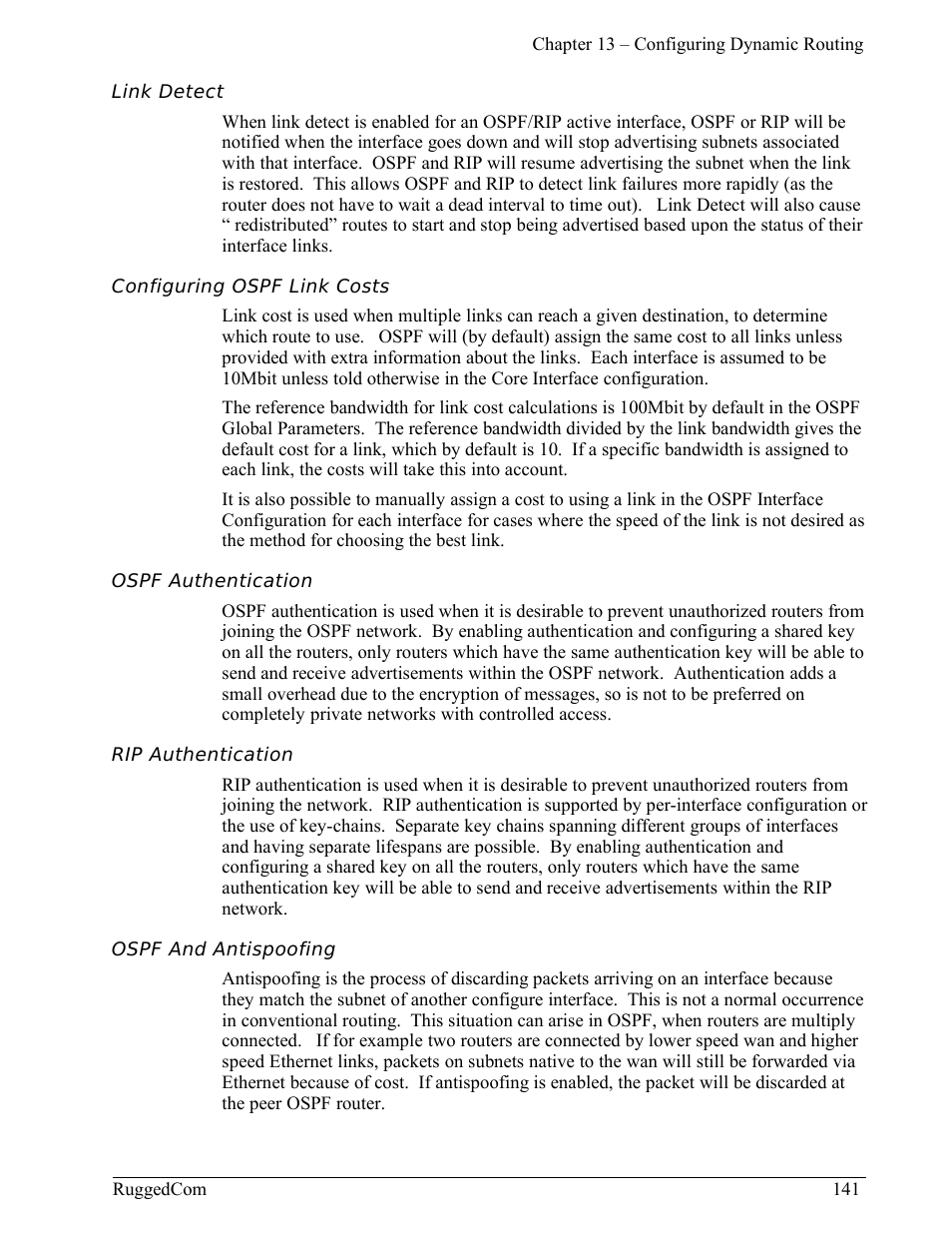 Link detect, Configuring ospf link costs, Ospf authentication | Rip authentication, Ospf and antispoofing | RuggedCom RuggedRouter RX1000 User Manual | Page 143 / 284