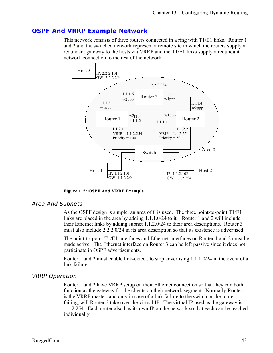 Ospf and vrrp example network, Area and subnets, Vrrp operation | RuggedCom RuggedRouter RX1000 User Manual | Page 145 / 284