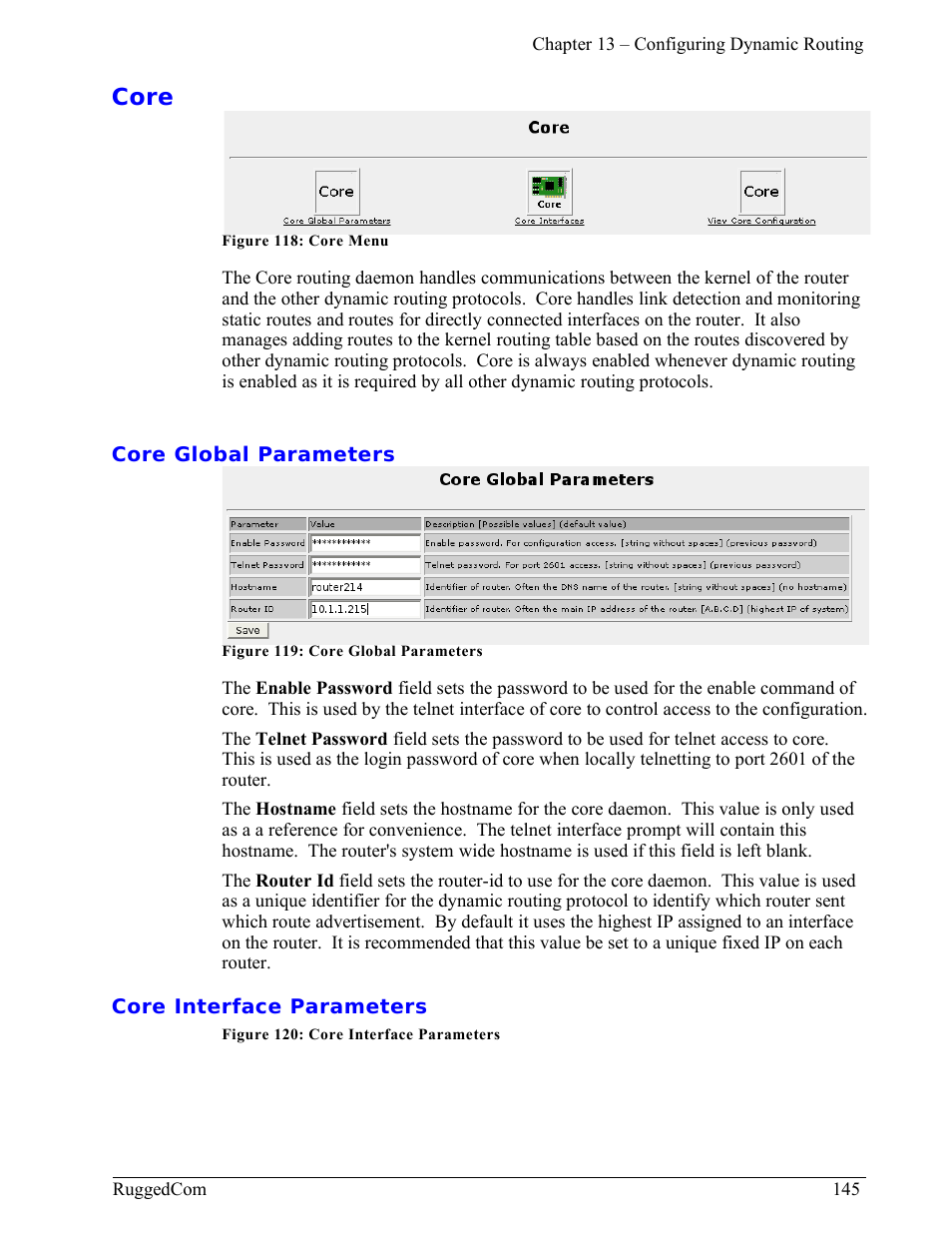 Core, Core global parameters, Core interface parameters | RuggedCom RuggedRouter RX1000 User Manual | Page 147 / 284