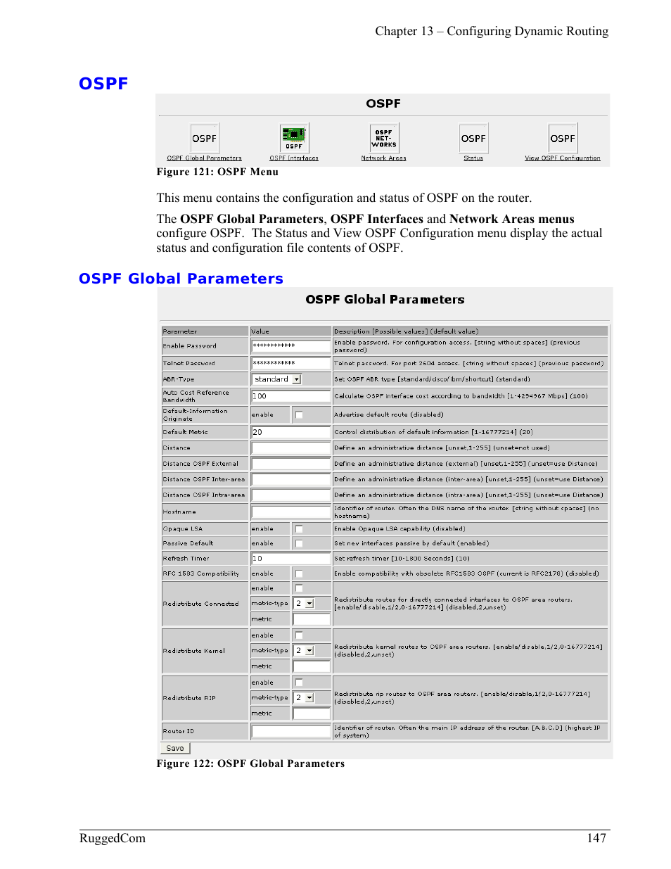 Ospf, Ospf global parameters | RuggedCom RuggedRouter RX1000 User Manual | Page 149 / 284