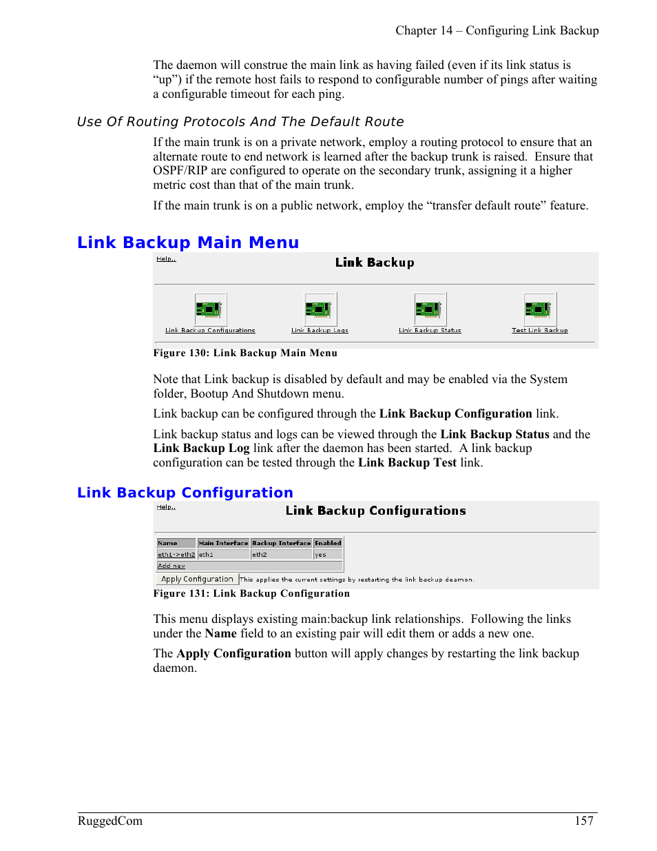 Use of routing protocols and the default route, Link backup main menu, Link backup configuration | RuggedCom RuggedRouter RX1000 User Manual | Page 159 / 284