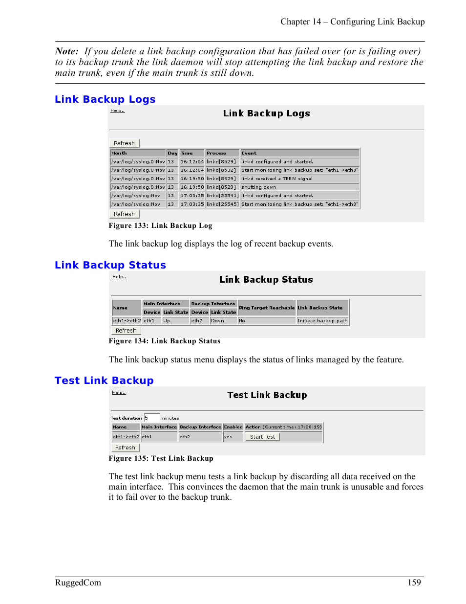 Link backup logs, Link backup status, Test link backup | RuggedCom RuggedRouter RX1000 User Manual | Page 161 / 284