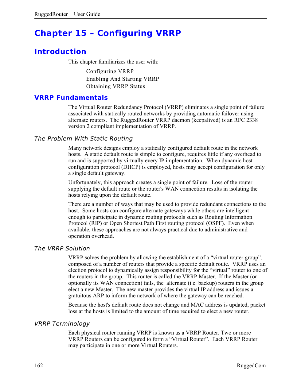 Chapter 15 – configuring vrrp, Introduction, Vrrp fundamentals | The problem with static routing, The vrrp solution, Vrrp terminology | RuggedCom RuggedRouter RX1000 User Manual | Page 164 / 284