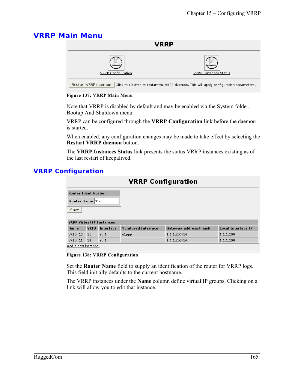 Vrrp main menu, Vrrp configuration | RuggedCom RuggedRouter RX1000 User Manual | Page 167 / 284