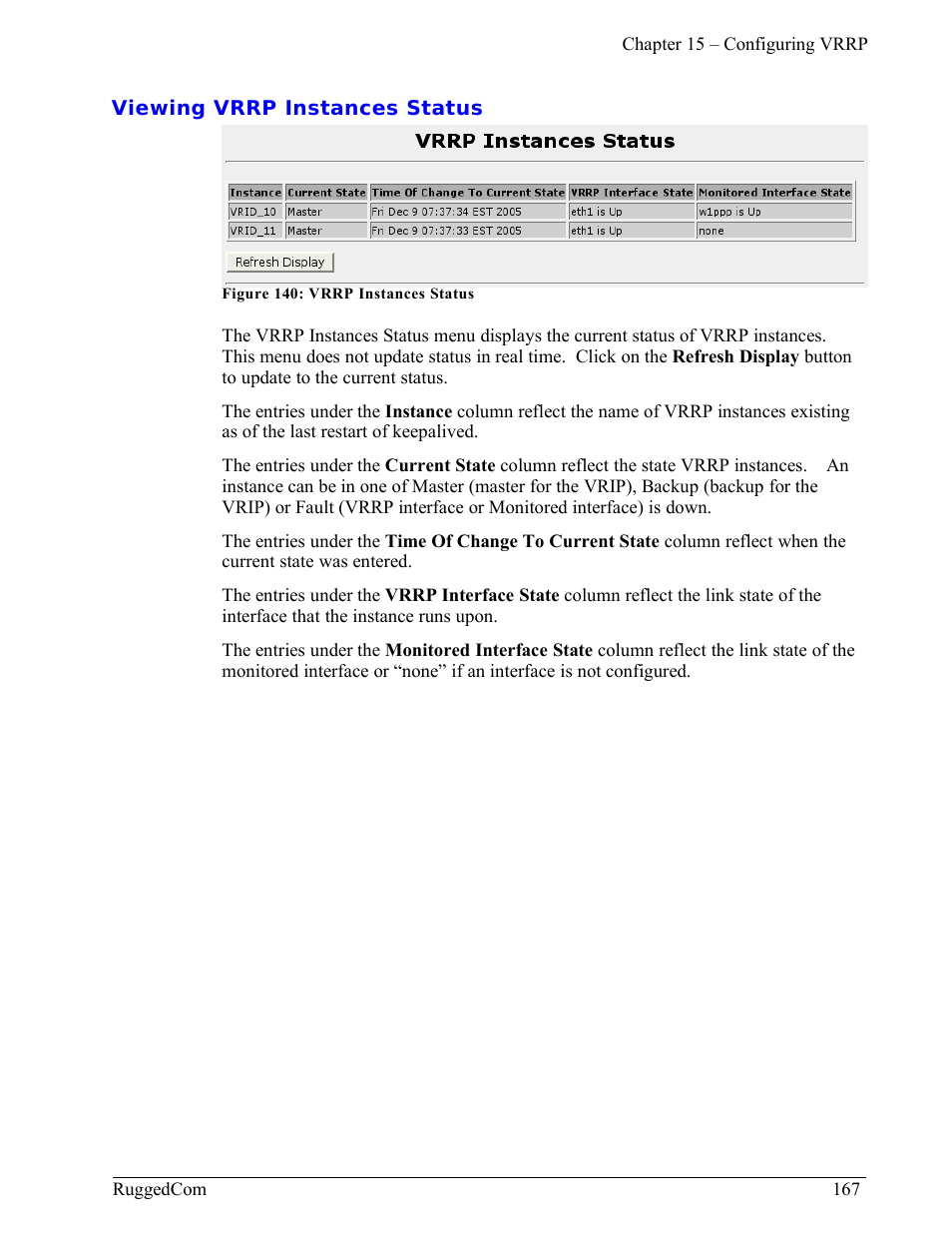 Viewing vrrp instances status | RuggedCom RuggedRouter RX1000 User Manual | Page 169 / 284