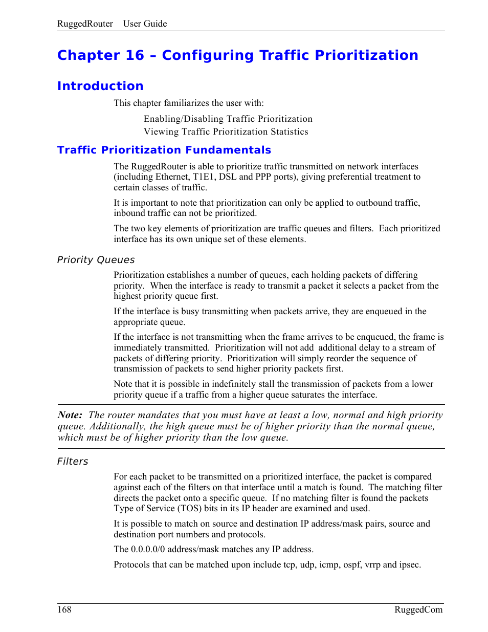 Chapter 16 – configuring traffic prioritization, Introduction, Traffic prioritization fundamentals | Priority queues, Filters | RuggedCom RuggedRouter RX1000 User Manual | Page 170 / 284