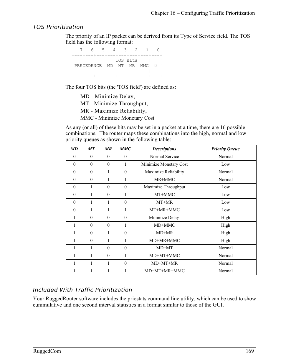 Tos prioritization, Included with traffic prioritization | RuggedCom RuggedRouter RX1000 User Manual | Page 171 / 284