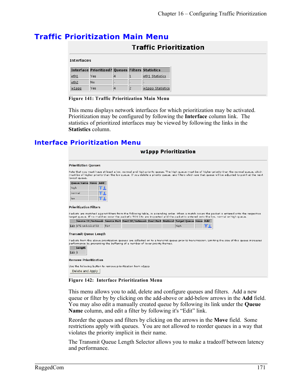 Traffic prioritization main menu, Interface prioritization menu | RuggedCom RuggedRouter RX1000 User Manual | Page 173 / 284