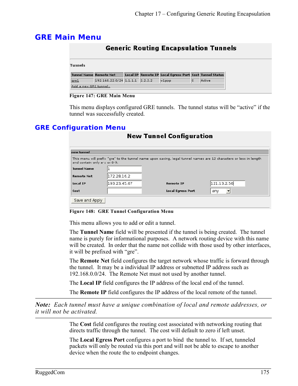 Gre main menu, Gre configuration menu | RuggedCom RuggedRouter RX1000 User Manual | Page 177 / 284