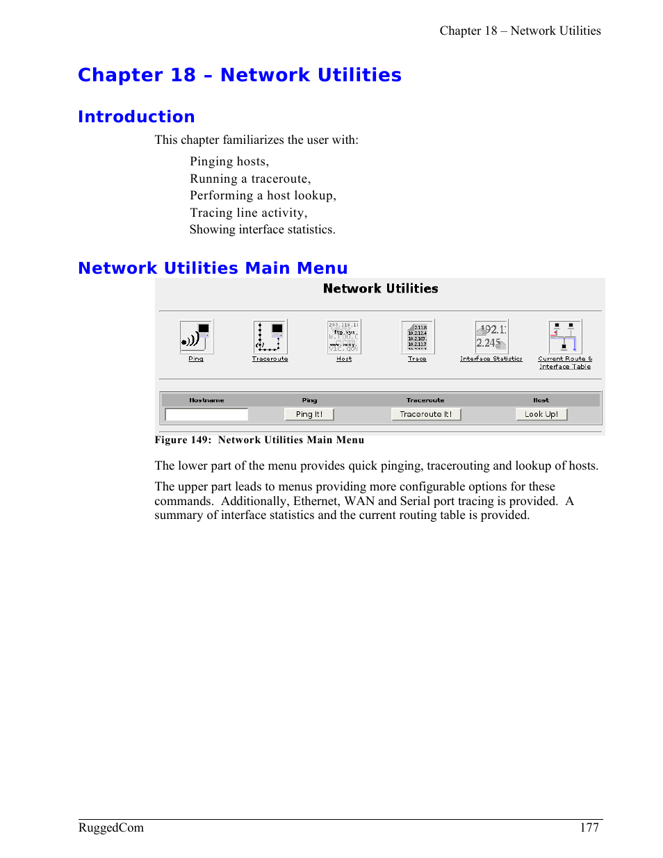 Chapter 18 – network utilities, Introduction, Network utilities main menu | RuggedCom RuggedRouter RX1000 User Manual | Page 179 / 284