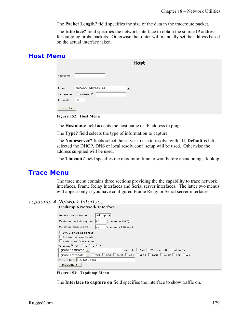 Host menu, Trace menu, Tcpdump a network interface | RuggedCom RuggedRouter RX1000 User Manual | Page 181 / 284