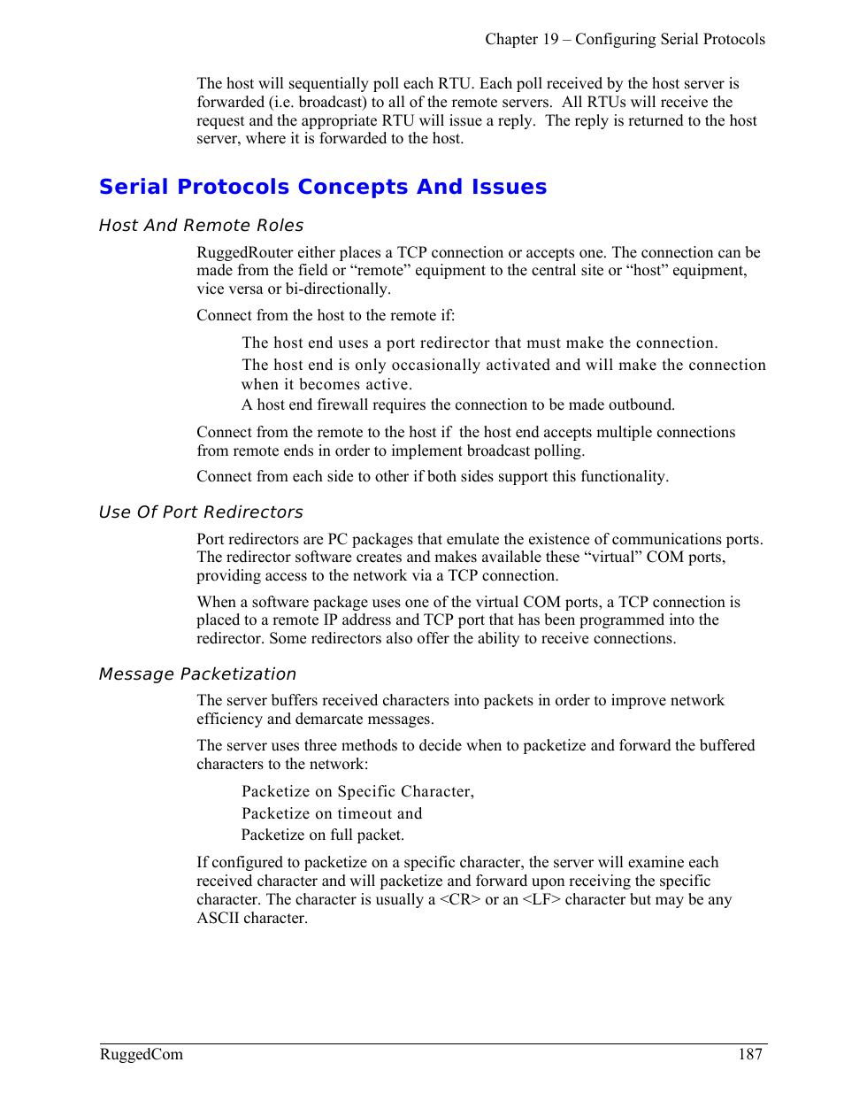 Serial protocols concepts and issues, Host and remote roles, Use of port redirectors | Message packetization | RuggedCom RuggedRouter RX1000 User Manual | Page 189 / 284