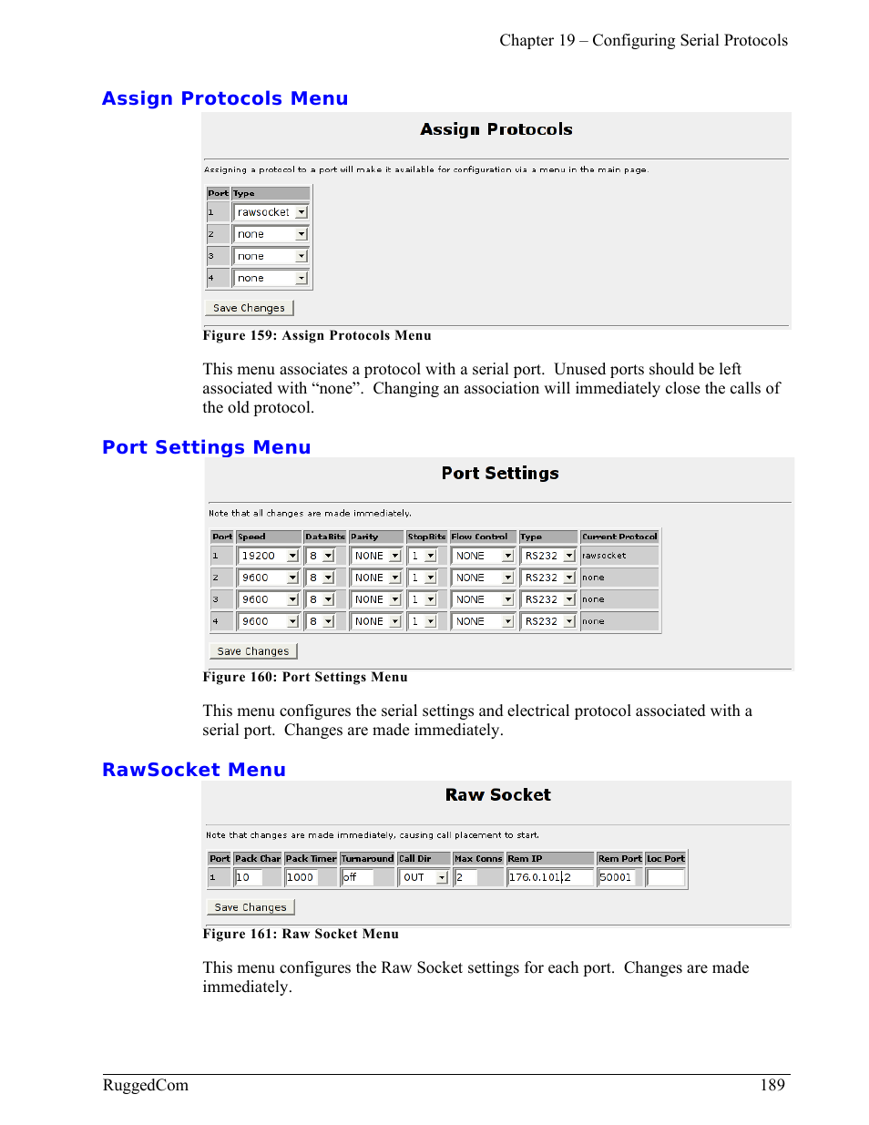 Assign protocols menu, Port settings menu, Rawsocket menu | RuggedCom RuggedRouter RX1000 User Manual | Page 191 / 284