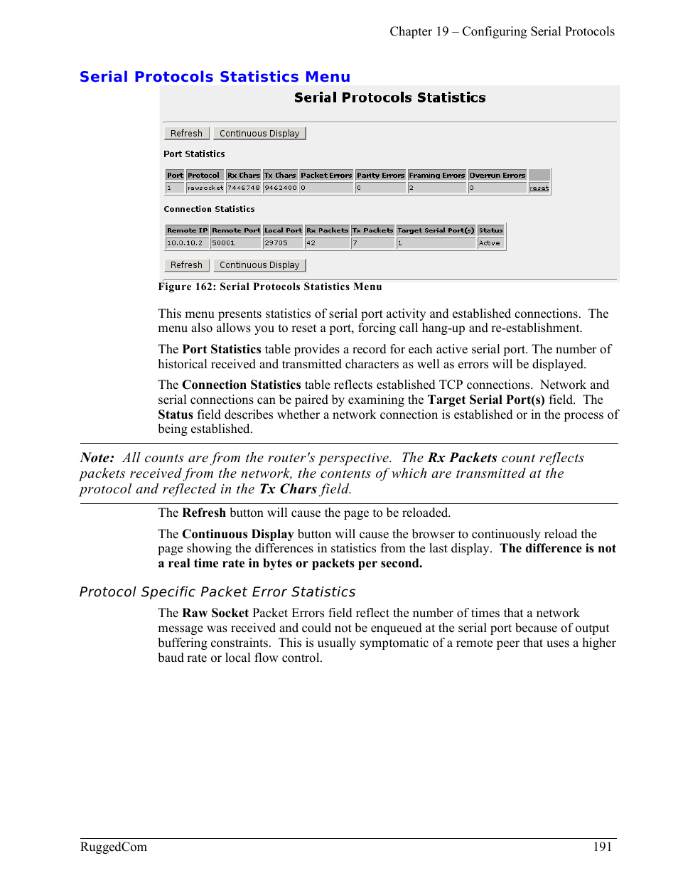 Serial protocols statistics menu, Protocol specific packet error statistics | RuggedCom RuggedRouter RX1000 User Manual | Page 193 / 284