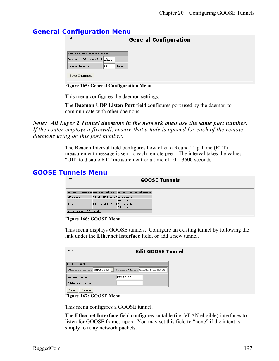 General configuration menu, Goose tunnels menu | RuggedCom RuggedRouter RX1000 User Manual | Page 199 / 284