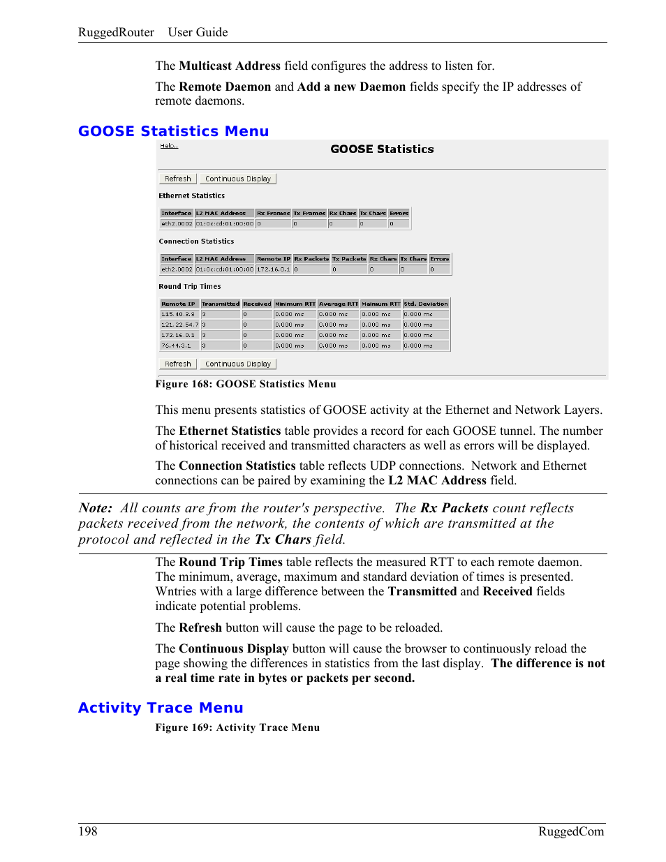 Goose statistics menu, Activity trace menu | RuggedCom RuggedRouter RX1000 User Manual | Page 200 / 284