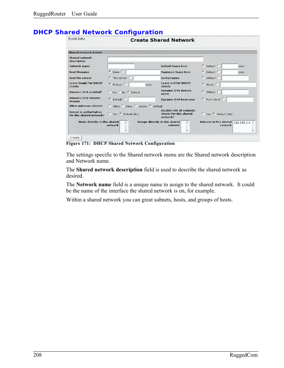Dhcp shared network configuration | RuggedCom RuggedRouter RX1000 User Manual | Page 210 / 284