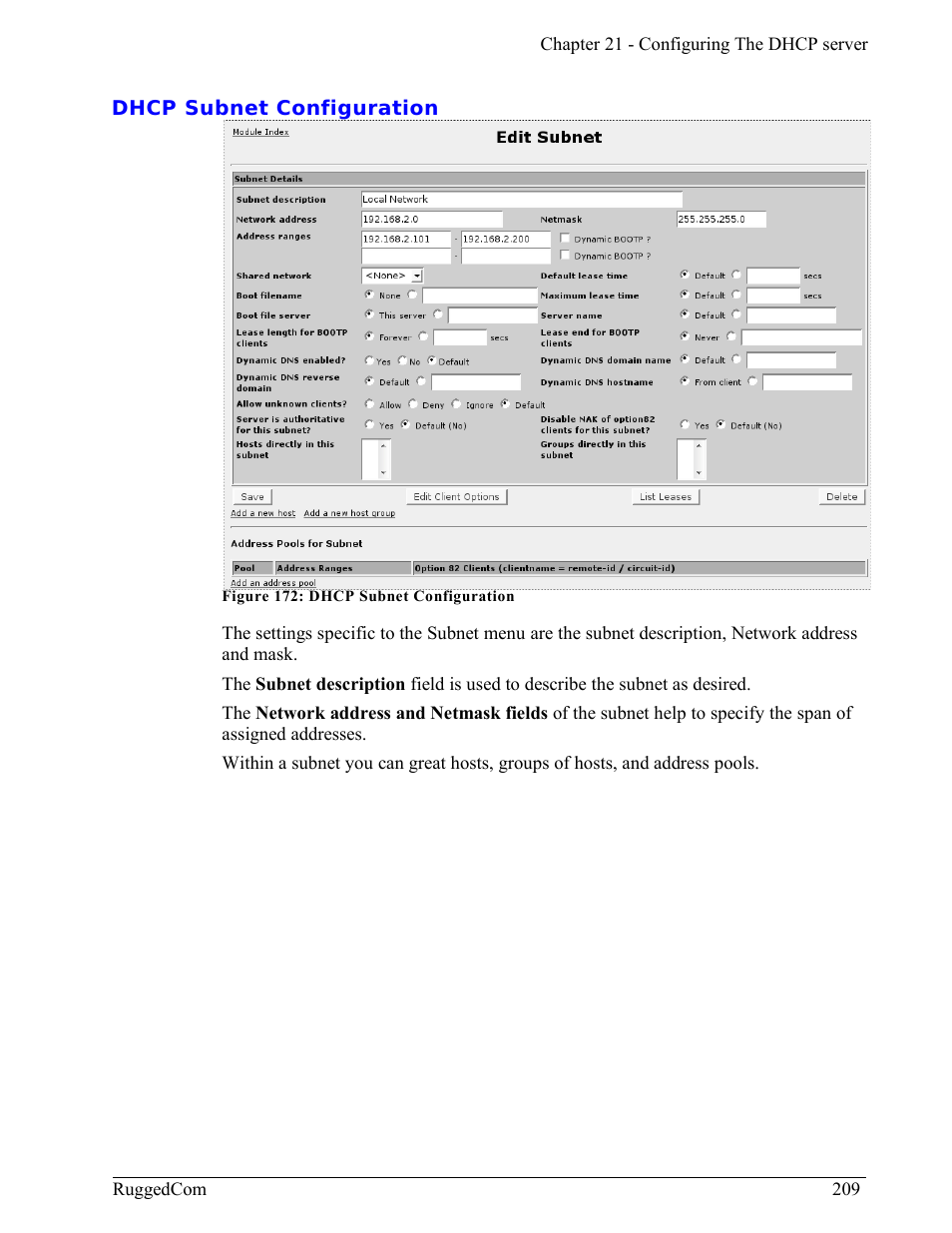 Dhcp subnet configuration | RuggedCom RuggedRouter RX1000 User Manual | Page 211 / 284
