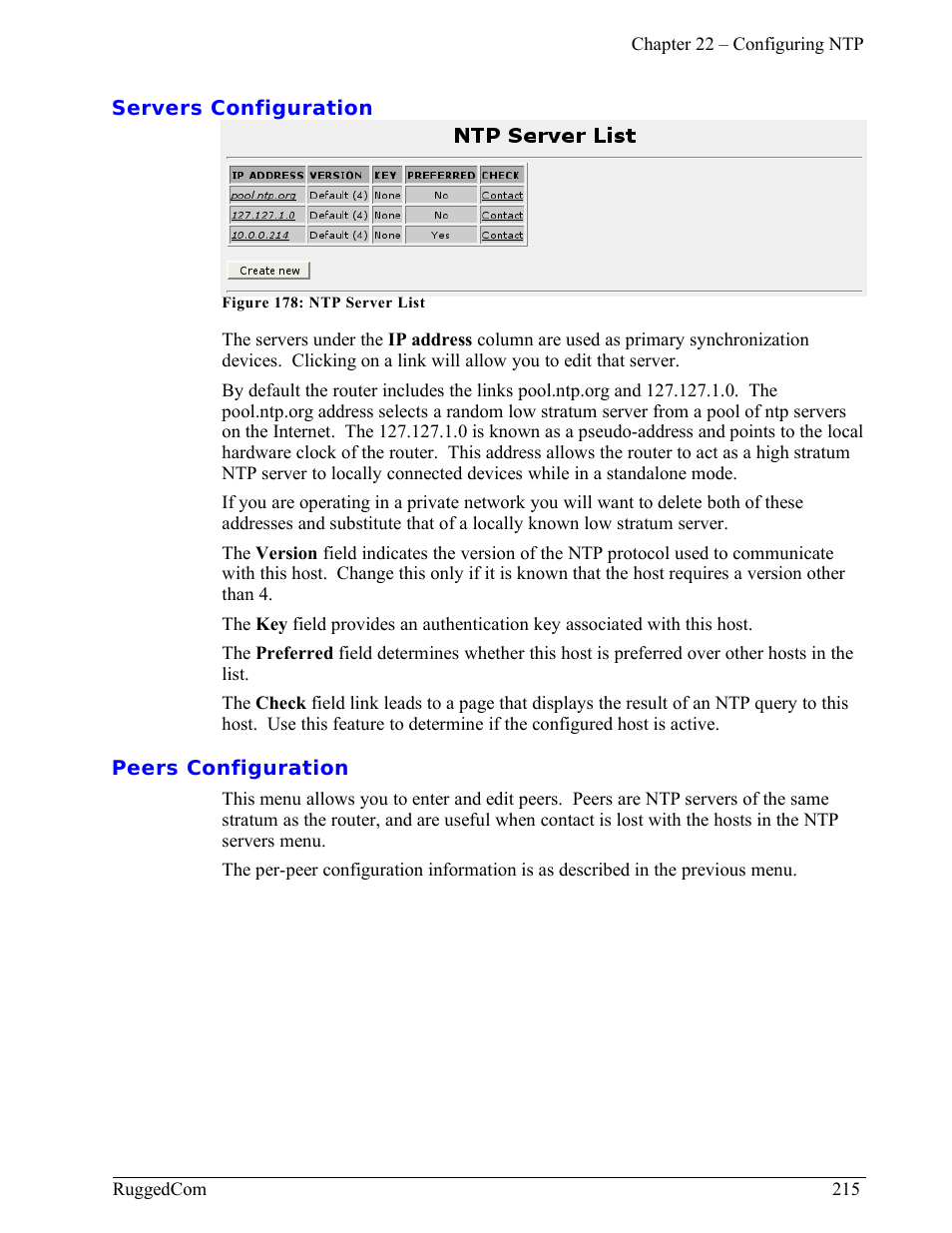 Servers configuration, Peers configuration | RuggedCom RuggedRouter RX1000 User Manual | Page 217 / 284