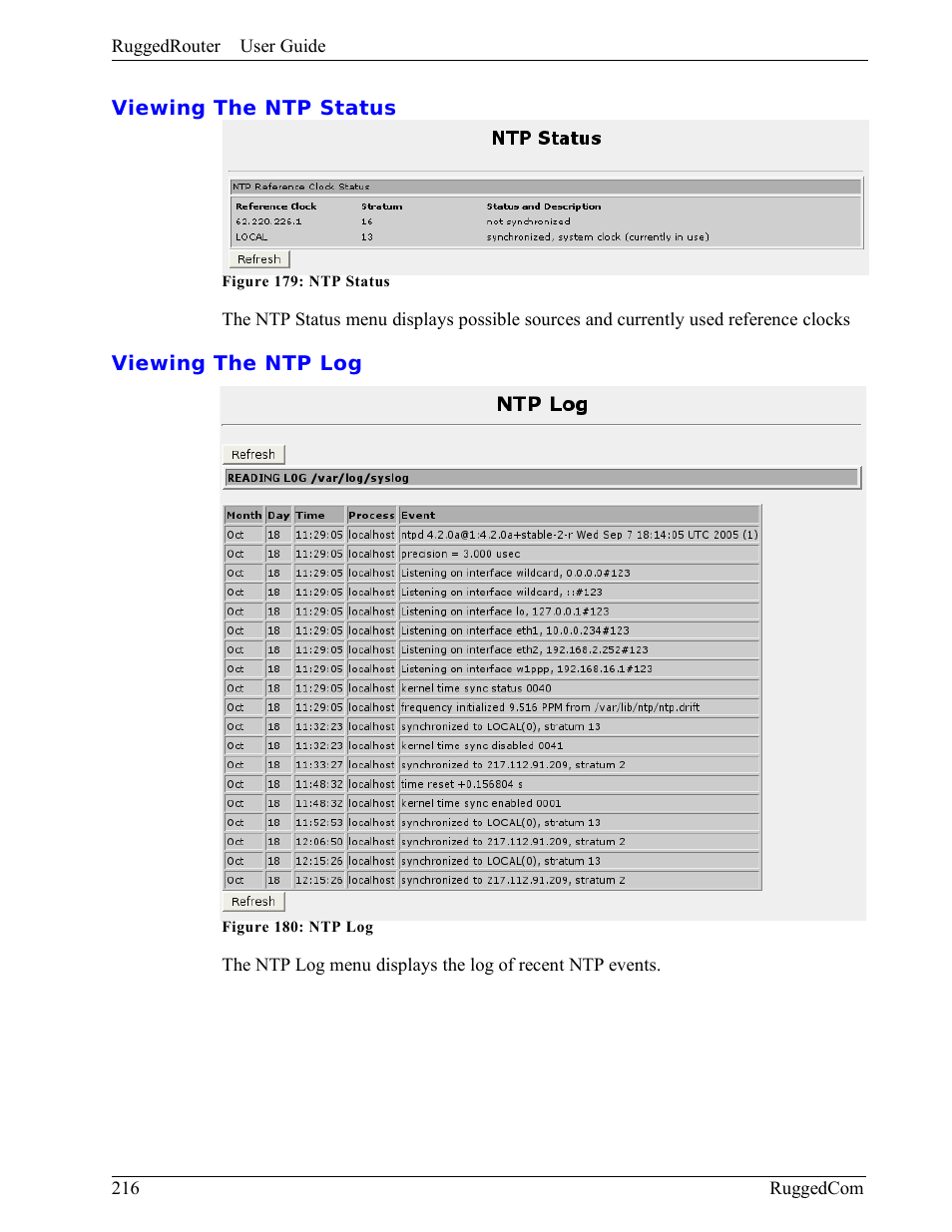 Viewing the ntp status, Viewing the ntp log | RuggedCom RuggedRouter RX1000 User Manual | Page 218 / 284