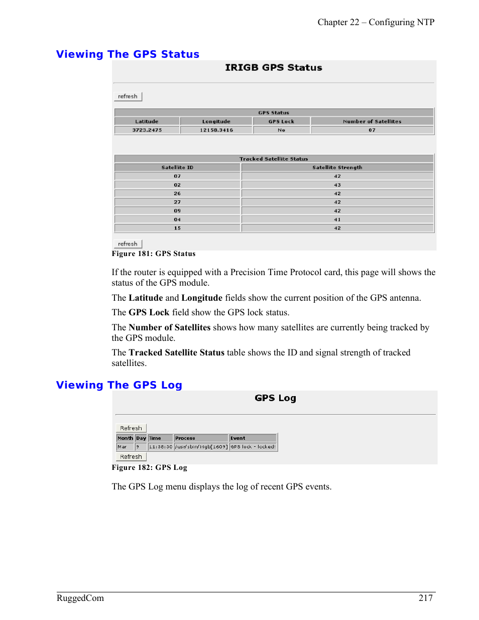 Viewing the gps status, Viewing the gps log | RuggedCom RuggedRouter RX1000 User Manual | Page 219 / 284