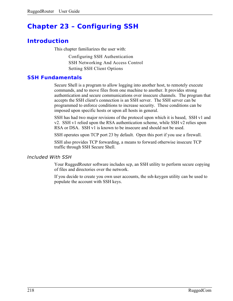 Chapter 23 – configuring ssh, Introduction, Ssh fundamentals | Included with ssh | RuggedCom RuggedRouter RX1000 User Manual | Page 220 / 284