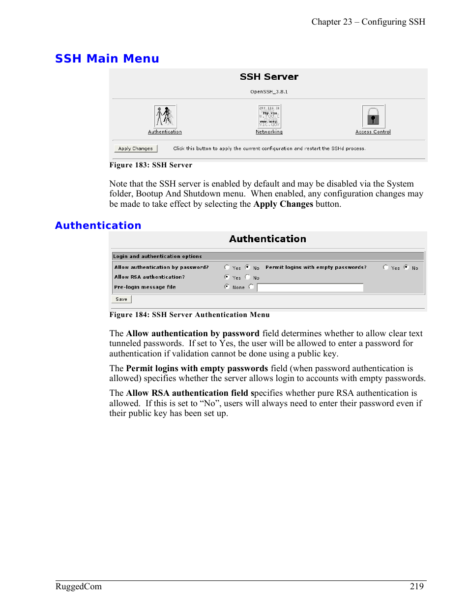 Ssh main menu, Authentication | RuggedCom RuggedRouter RX1000 User Manual | Page 221 / 284