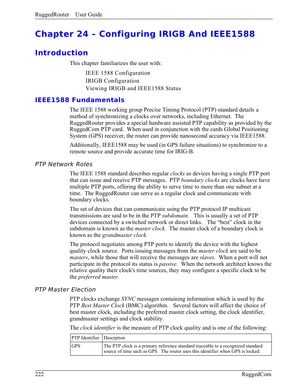 Chapter 24 – configuring irigb and ieee1588, Introduction, Ieee1588 fundamentals | Ptp network roles, Ptp master election | RuggedCom RuggedRouter RX1000 User Manual | Page 224 / 284