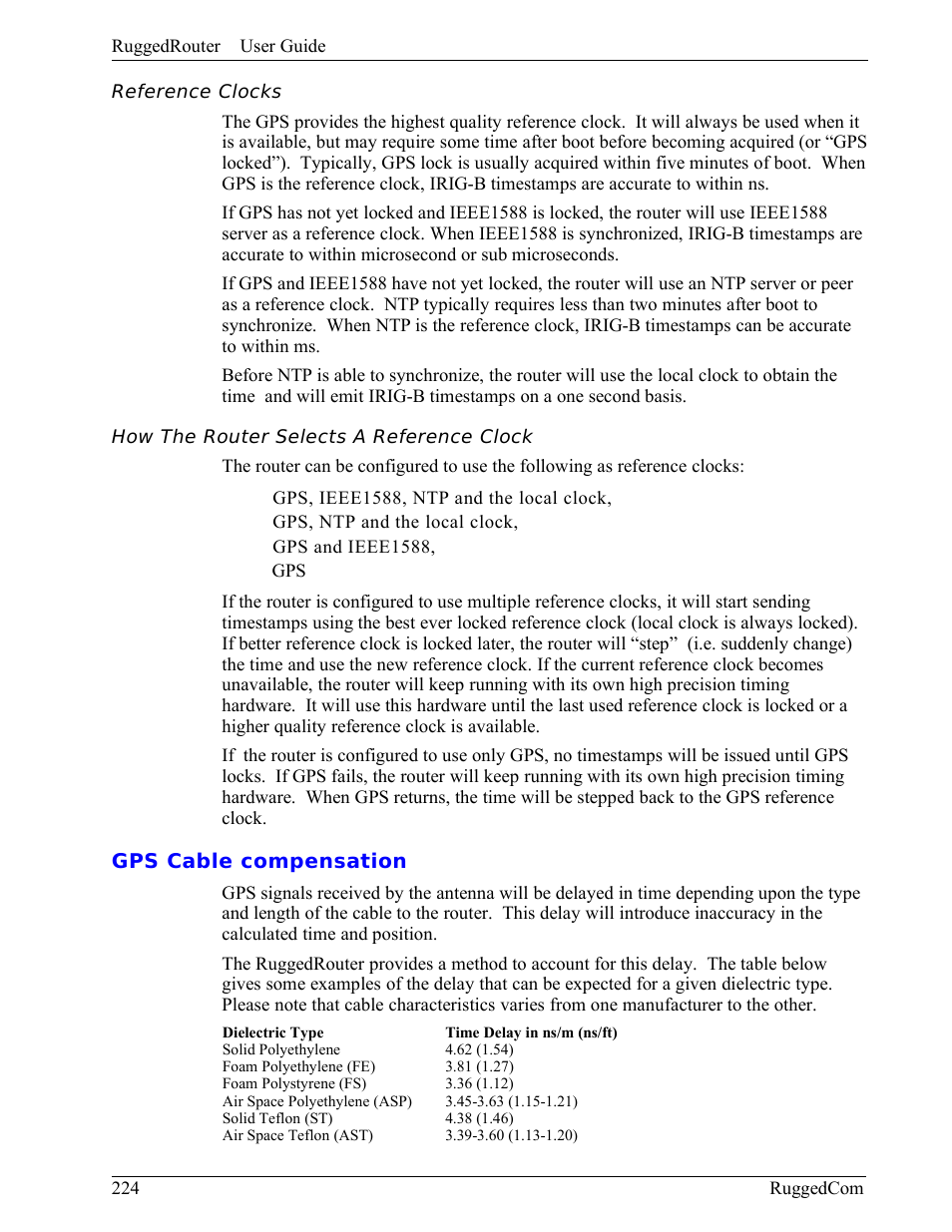 Reference clocks, How the router selects a reference clock, Gps cable compensation | RuggedCom RuggedRouter RX1000 User Manual | Page 226 / 284