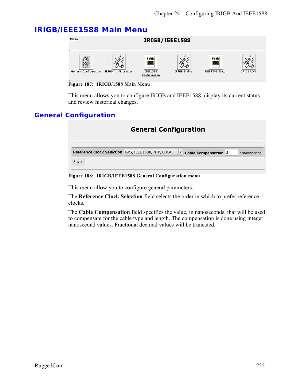 Irigb/ieee1588 main menu, General configuration | RuggedCom RuggedRouter RX1000 User Manual | Page 227 / 284