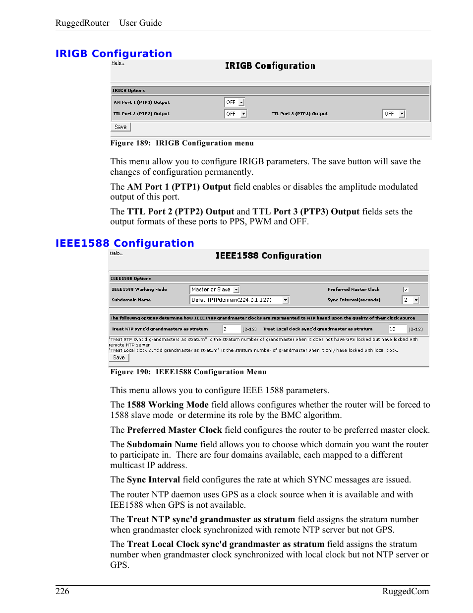 Irigb configuration, Ieee1588 configuration | RuggedCom RuggedRouter RX1000 User Manual | Page 228 / 284
