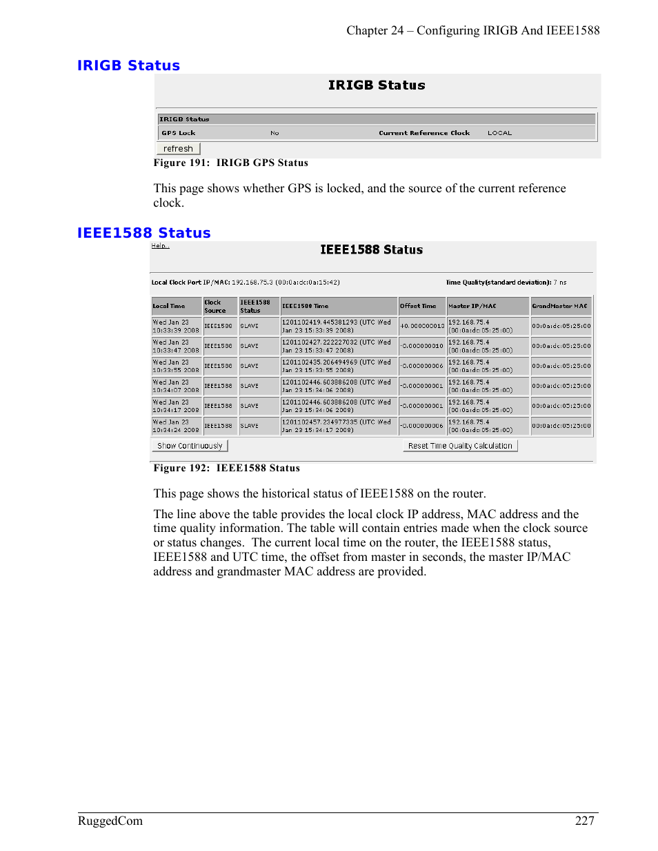 Irigb status, Ieee1588 status | RuggedCom RuggedRouter RX1000 User Manual | Page 229 / 284