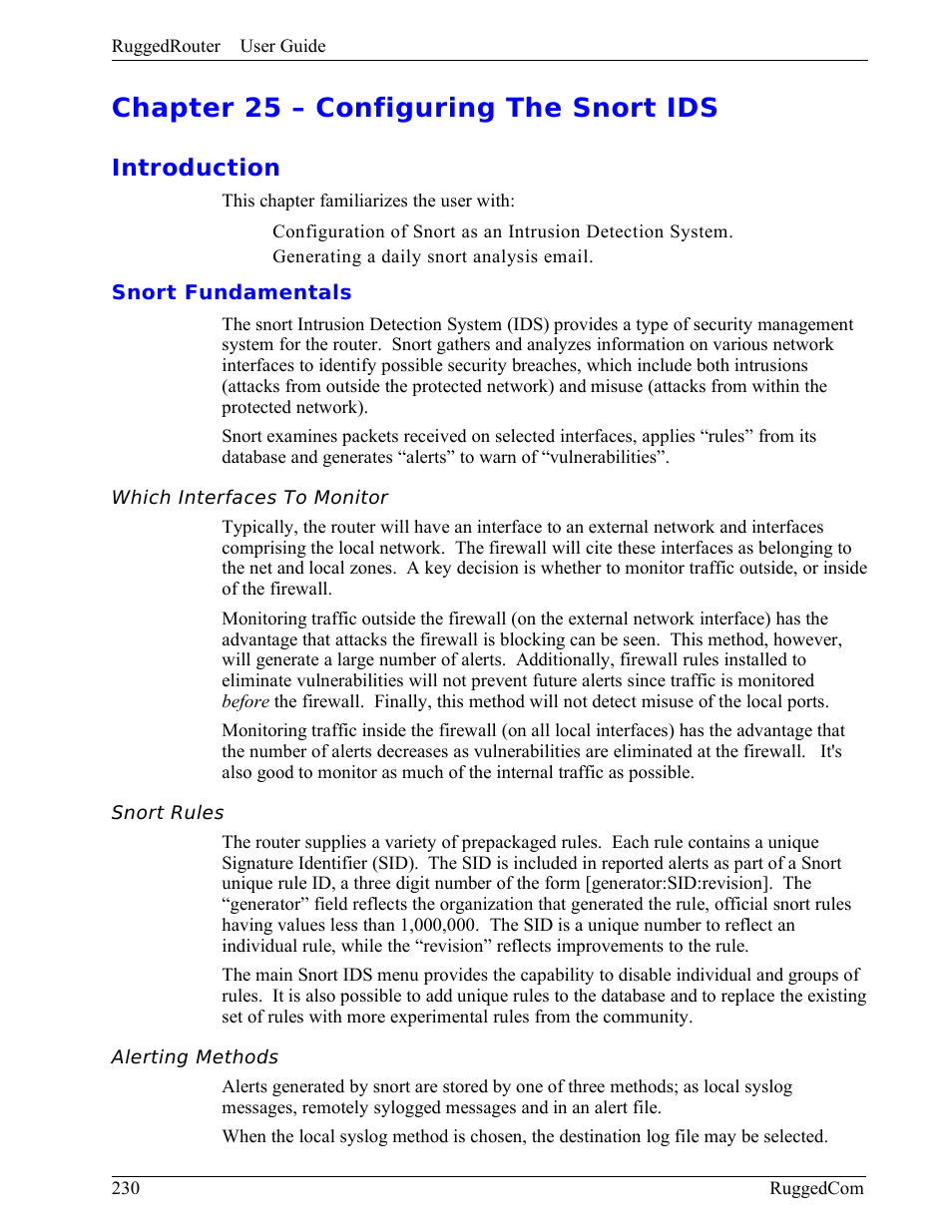 Chapter 25 – configuring the snort ids, Introduction, Snort fundamentals | Which interfaces to monitor, Snort rules, Alerting methods | RuggedCom RuggedRouter RX1000 User Manual | Page 232 / 284