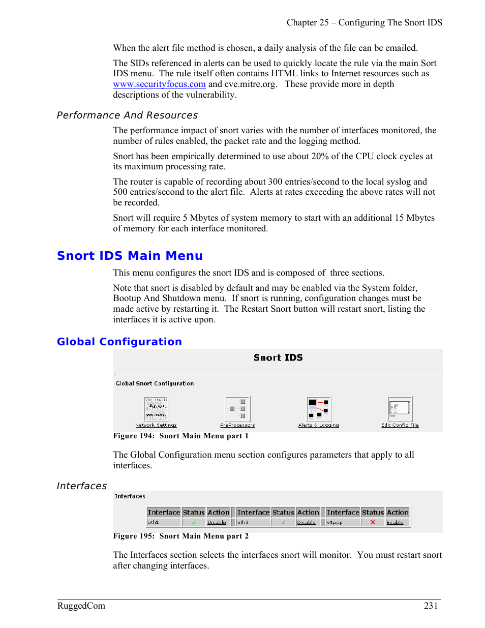 Performance and resources, Snort ids main menu, Global configuration | Interfaces | RuggedCom RuggedRouter RX1000 User Manual | Page 233 / 284
