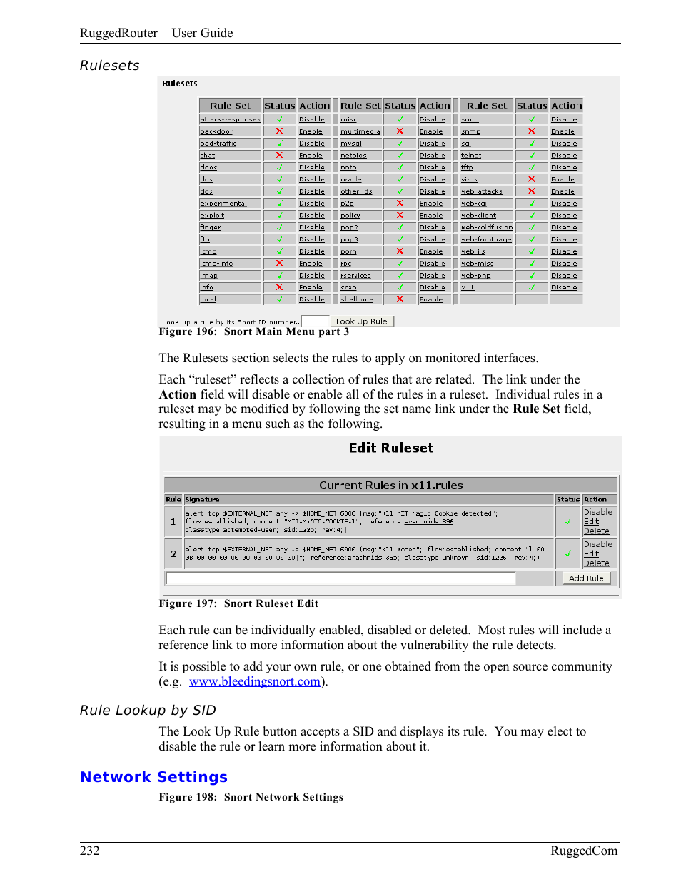 Rulesets, Rule lookup by sid, Network settings | RuggedCom RuggedRouter RX1000 User Manual | Page 234 / 284