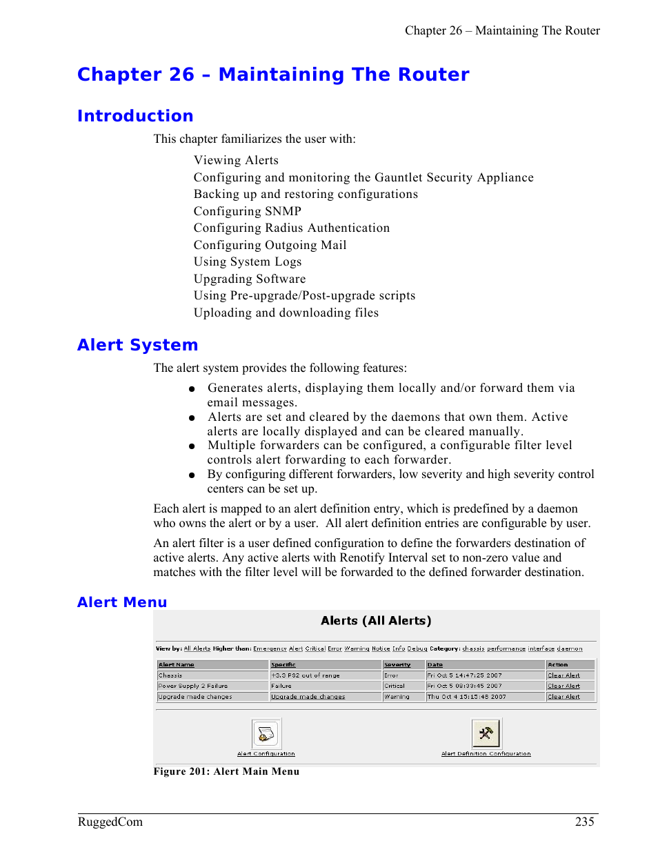 Chapter 26 – maintaining the router, Introduction, Alert system | Alert menu | RuggedCom RuggedRouter RX1000 User Manual | Page 237 / 284