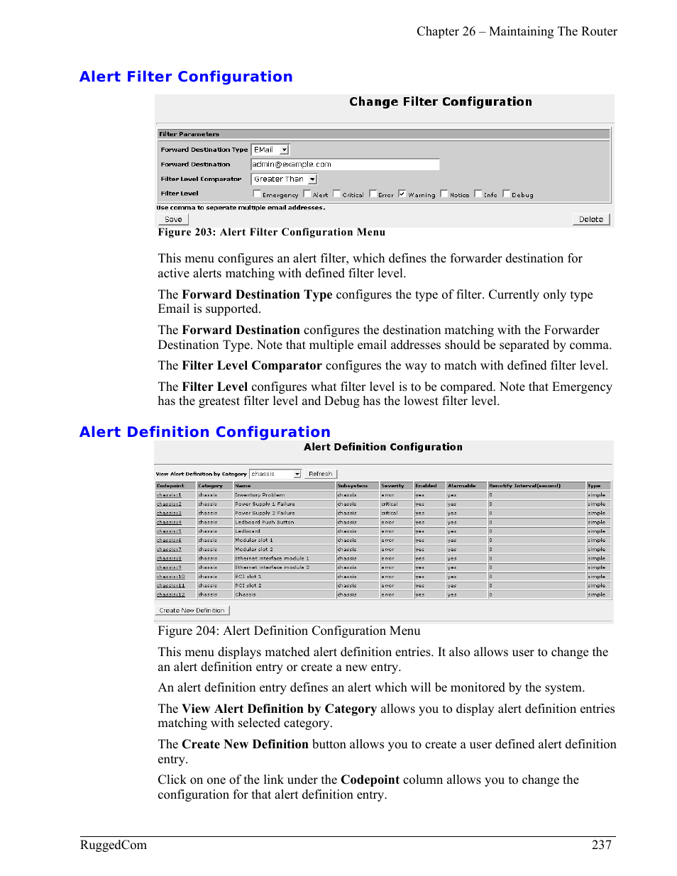 Alert filter configuration, Alert definition configuration | RuggedCom RuggedRouter RX1000 User Manual | Page 239 / 284