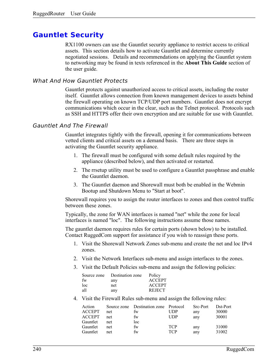 Gauntlet security, What and how gauntlet protects, Gauntlet and the firewall | RuggedCom RuggedRouter RX1000 User Manual | Page 242 / 284